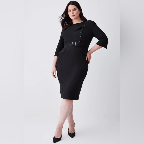 Karen Millen Plus Structured Crepe Strong Shoulder Dress Black 14 - Picture 3 of 11